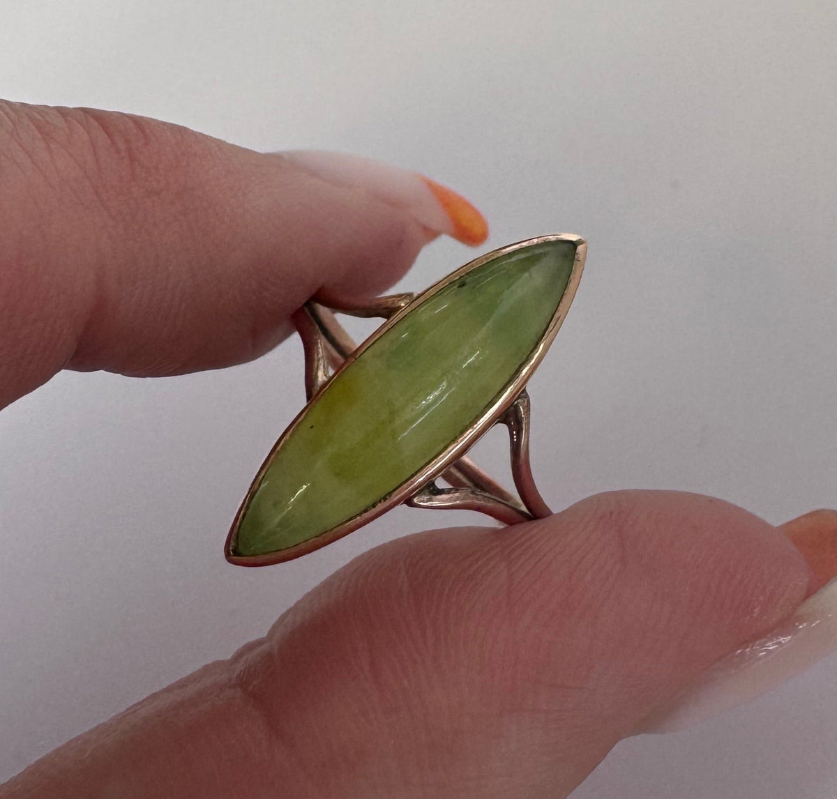 Vintage 9K Gold Jade Navette Ring Marquise Shape Jade