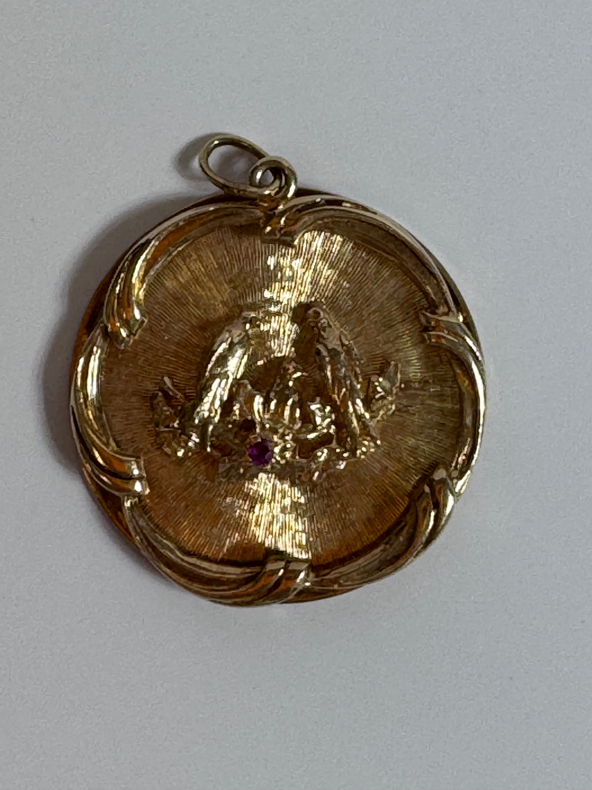 Heavy Mid-Century 1950s Love Birds Medallion Pendant 14K Gold - Romantic Vintage Ruby Accent