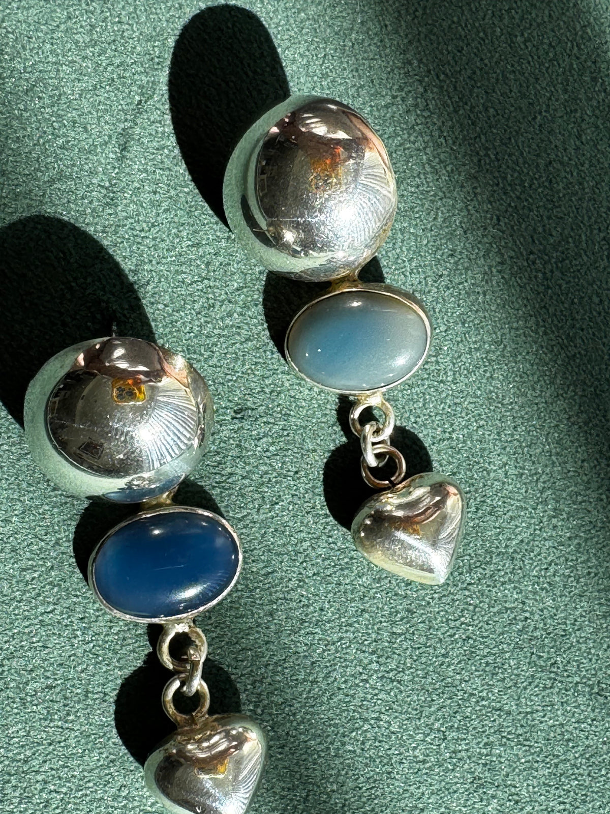Vintage Taxco Mexico Sterling Silver Dome Chalcedony Heart Drop Earrings Y2K Romantic Three Element Dangle