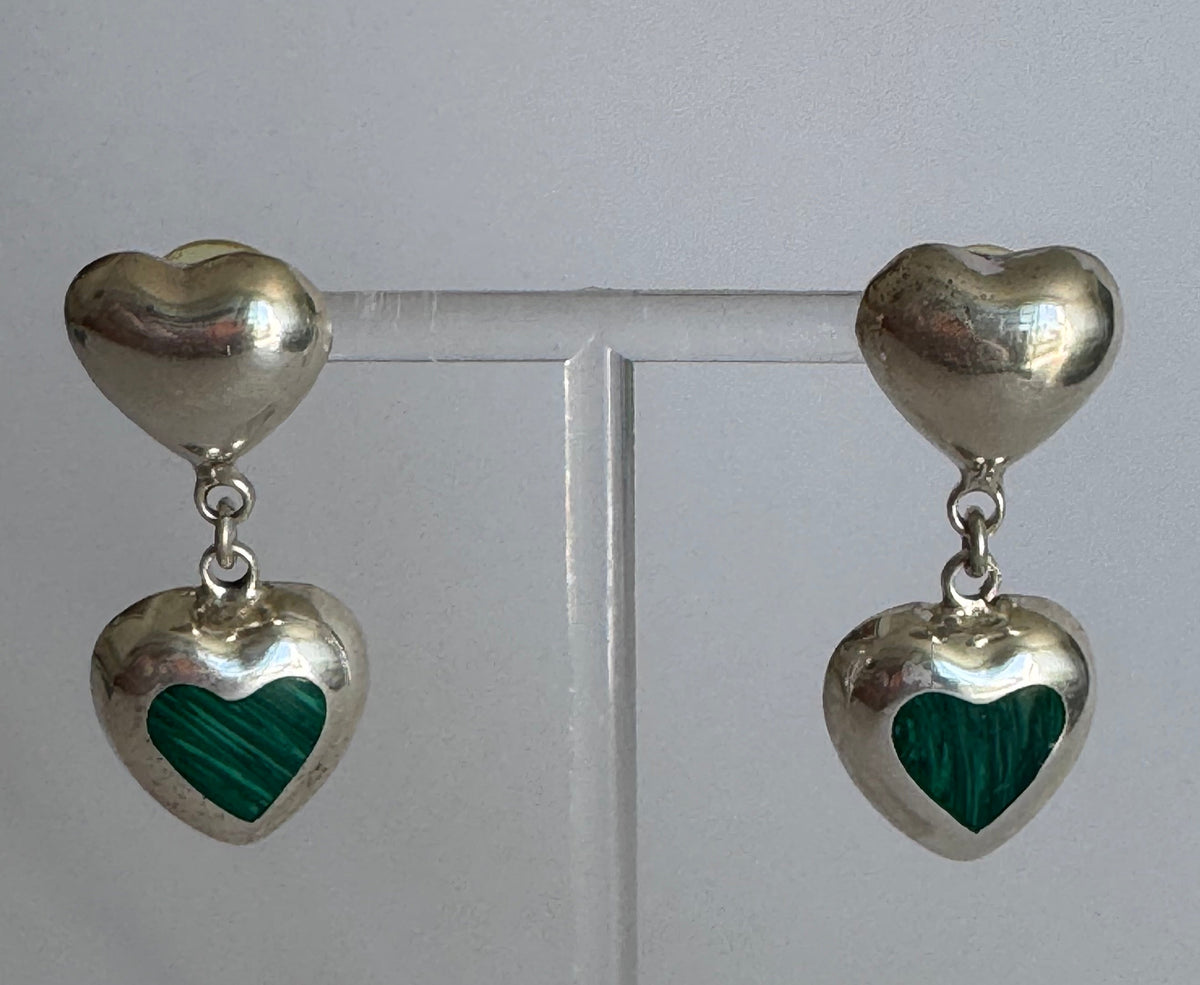 Vintage Sterling Silver Malachite Heart Drop Earrings Two Hearts Are Better Than One