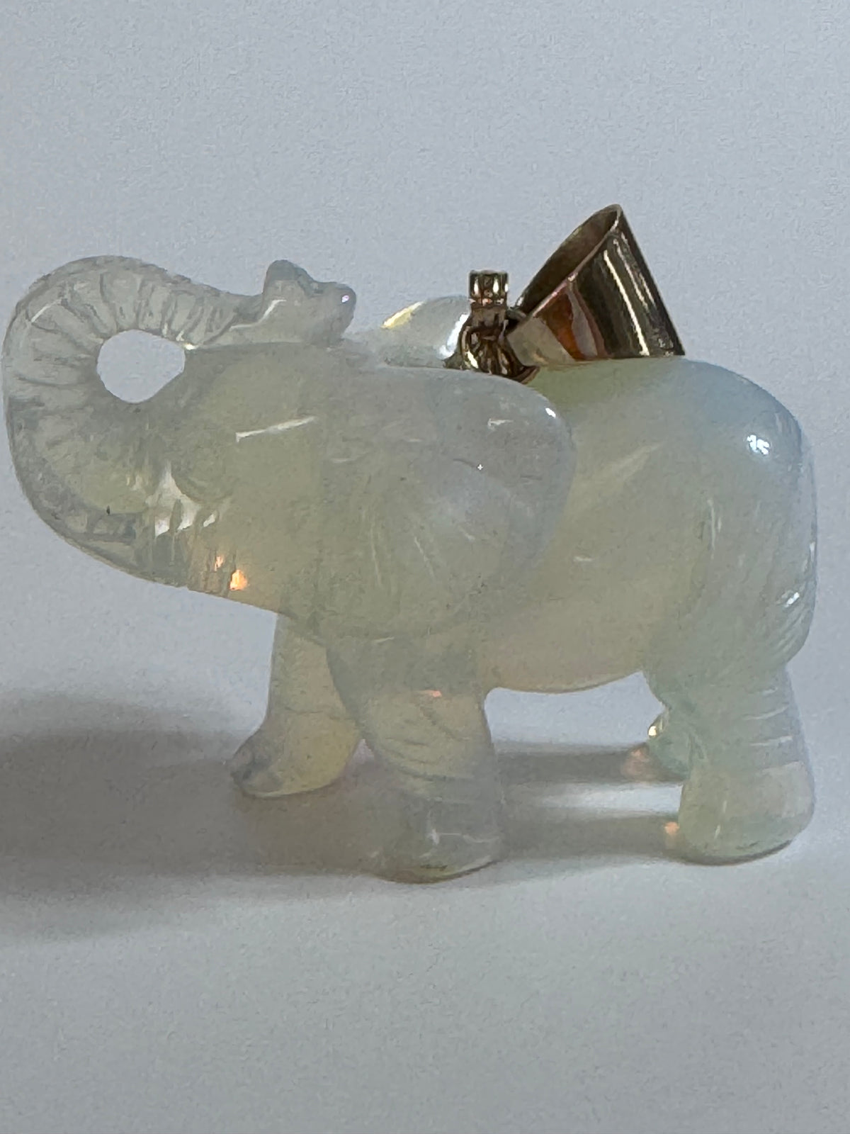 
Large hand carved opal elephant pendant with 14K gold bail, trunk up position, estate jewelry good luck charm