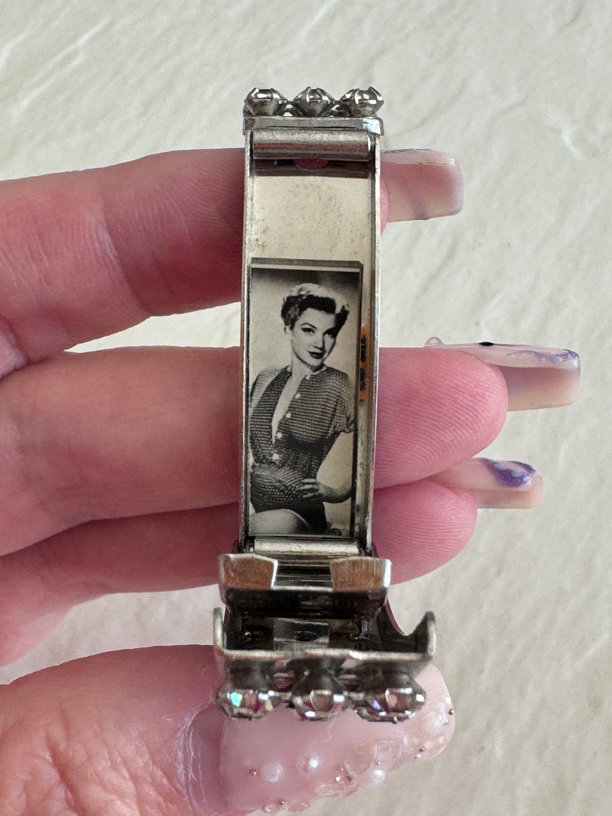 Glamorous Mid-Century Korean War Rhinestone Photo Locket Sweetheart Bracelet