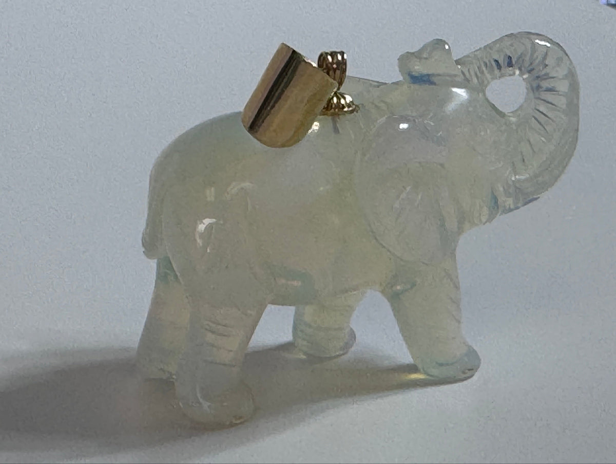 
Large hand carved opal elephant pendant with 14K gold bail, trunk up position, estate jewelry good luck charm