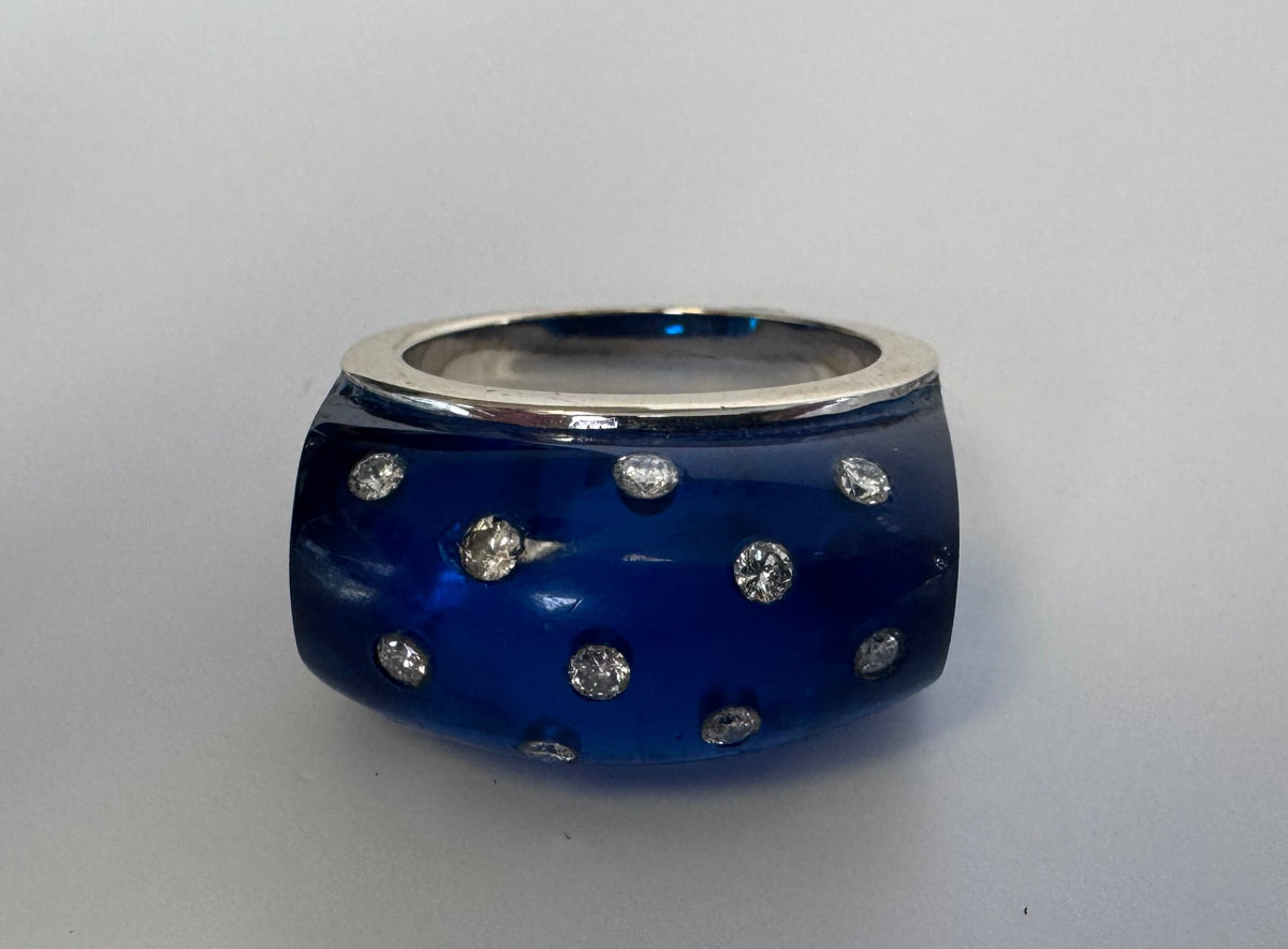 Contemporary 18K white gold diamond resin band ring blue modern design scattered diamonds size 7.5