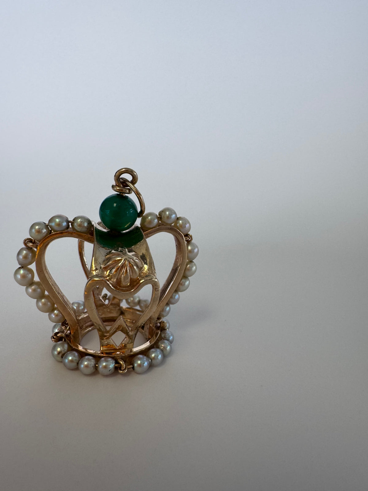 Mid-Century Vintage 14K Gold Crown Pendant Natural Jade Pearl Accents Royal Design