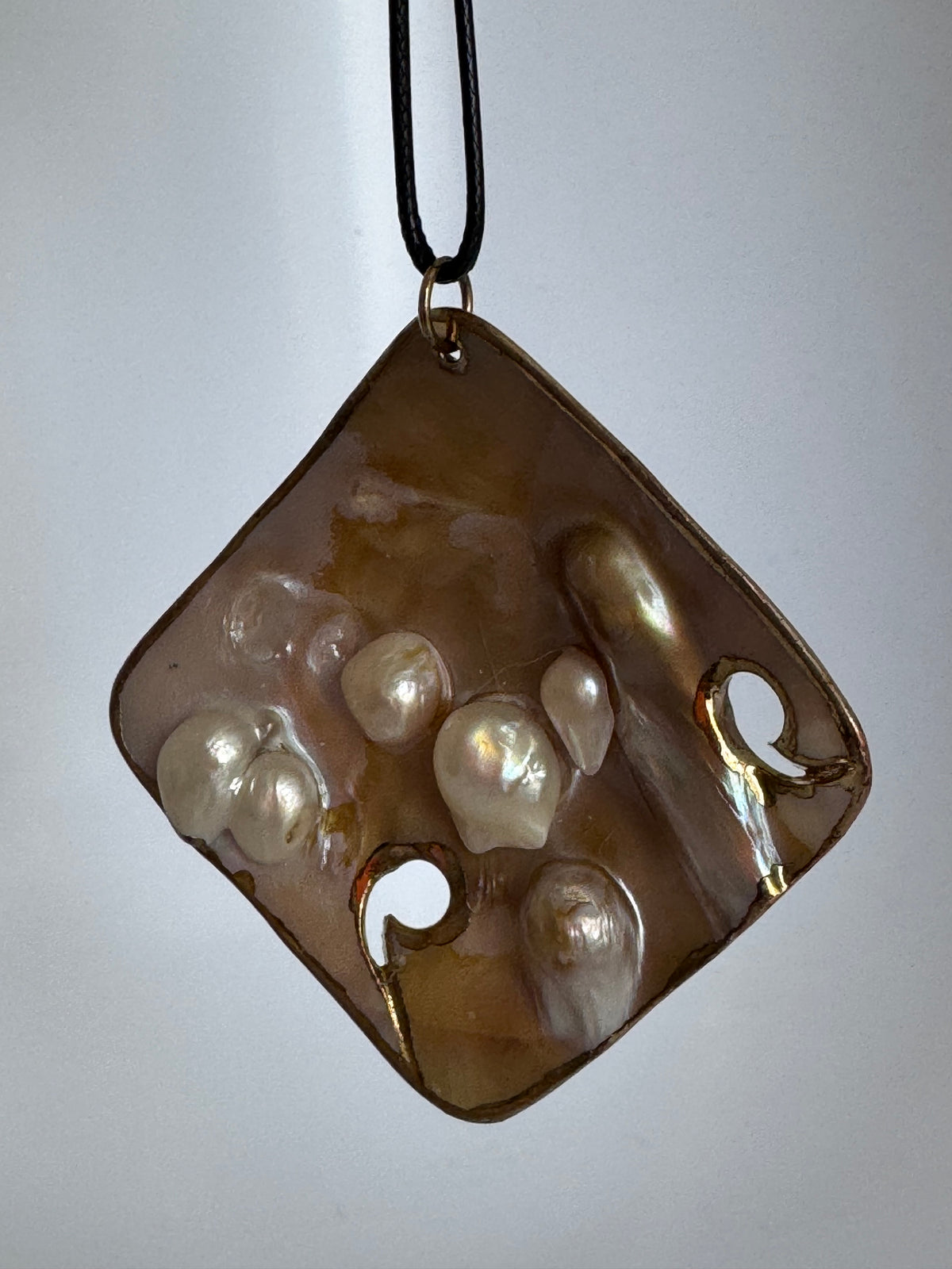 Vintage Large Square Blister Pearl Mother of Pearl Pendant Necklace Gold Foil Edges