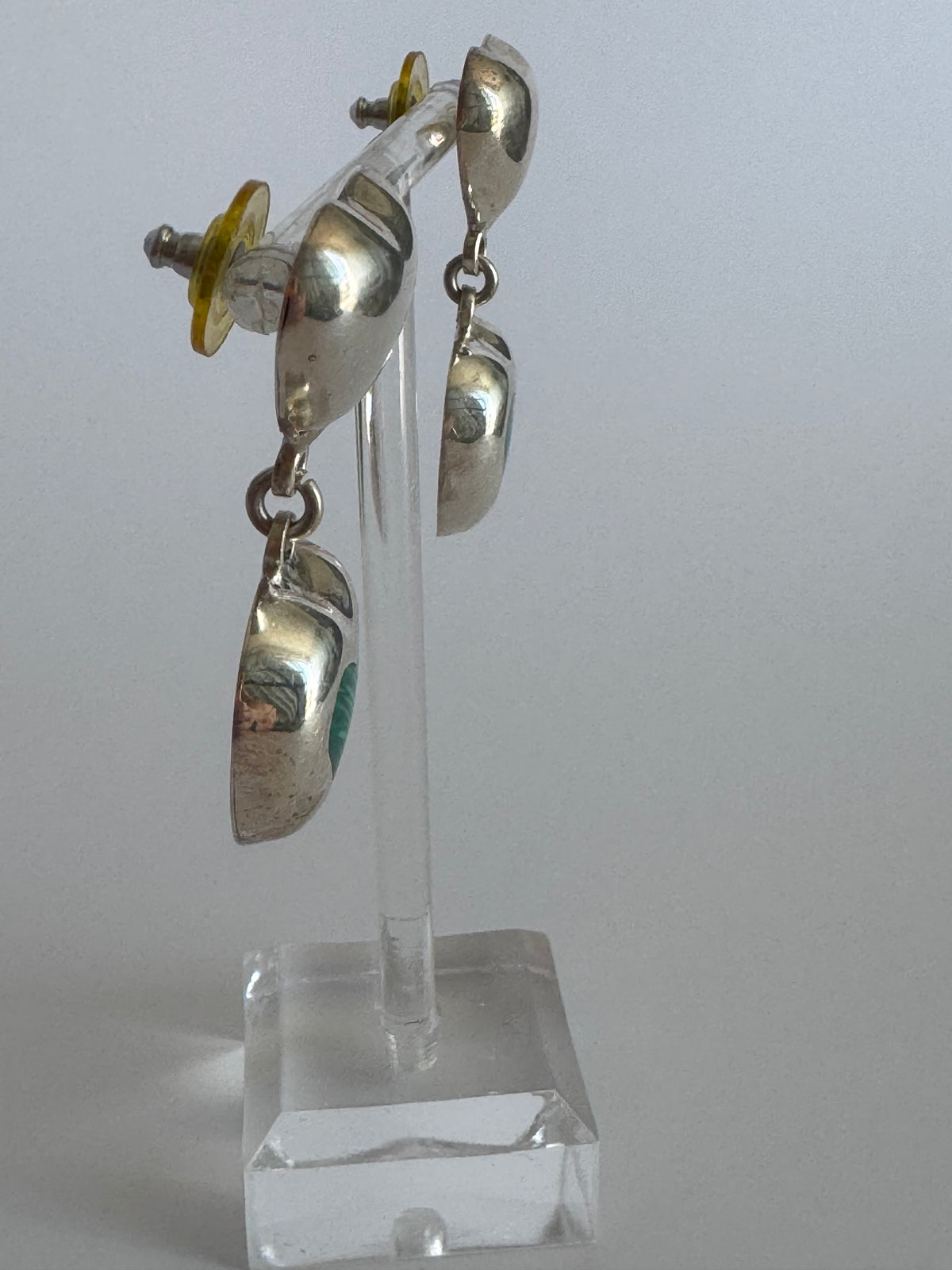 Vintage Sterling Silver Malachite Heart Drop Earrings Two Hearts Are Better Than One