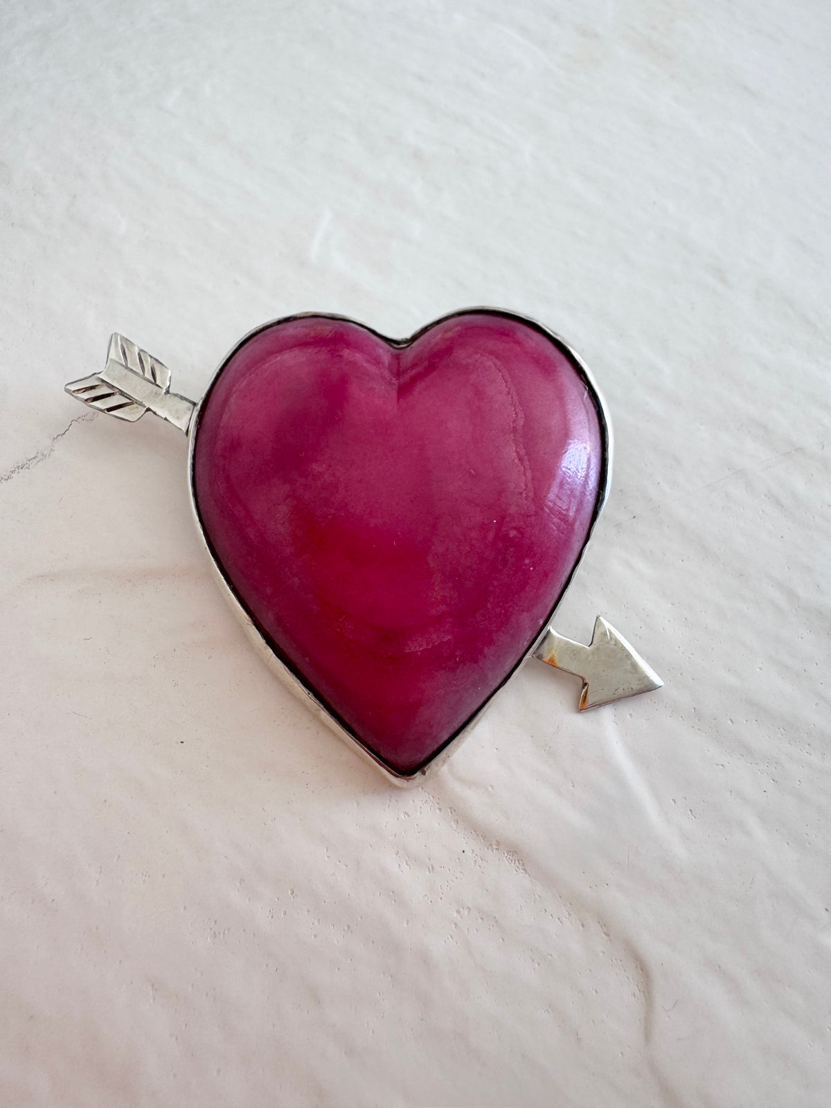 Vintage Mexican Sterling Silver Rhodochrosite Heart Arrow Brooch Pin Pink Stone Valentine Love