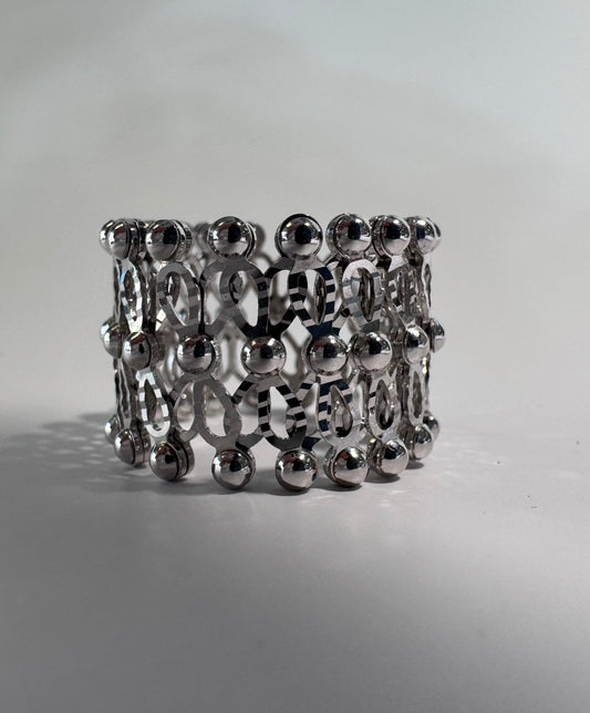 Estate 14K white gold convertible ring bracelet with expandable spherical link mechanism transforming from ring to full bracelet size