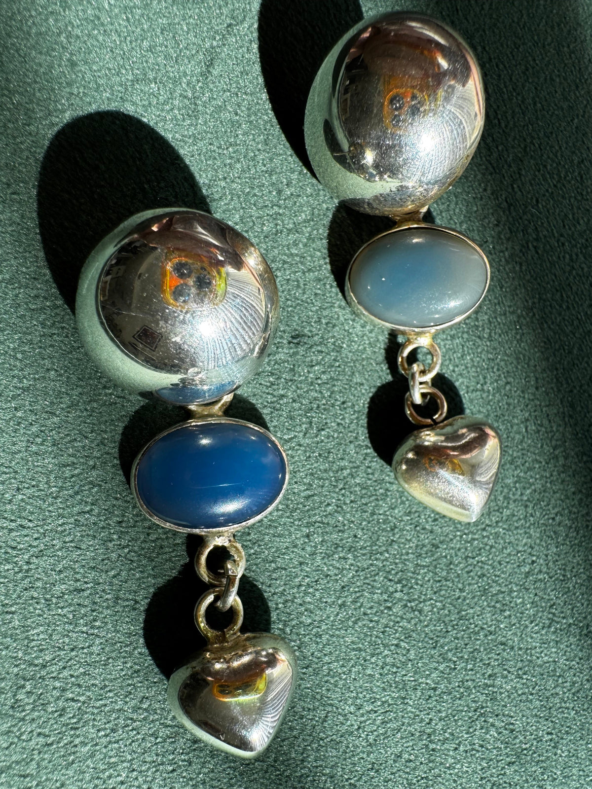 Vintage Taxco Mexico Sterling Silver Dome Chalcedony Heart Drop Earrings Y2K Romantic Three Element Dangle