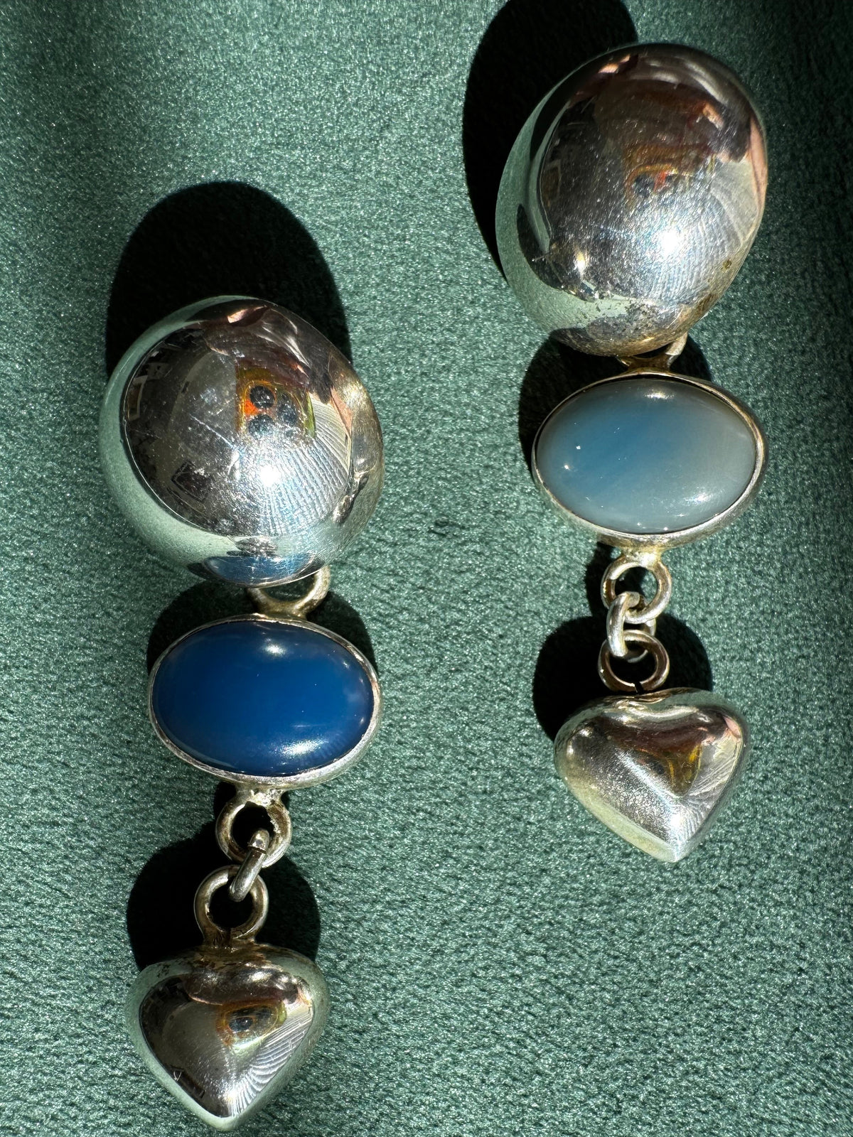 Vintage Taxco Mexico Sterling Silver Dome Chalcedony Heart Drop Earrings Y2K Romantic Three Element Dangle