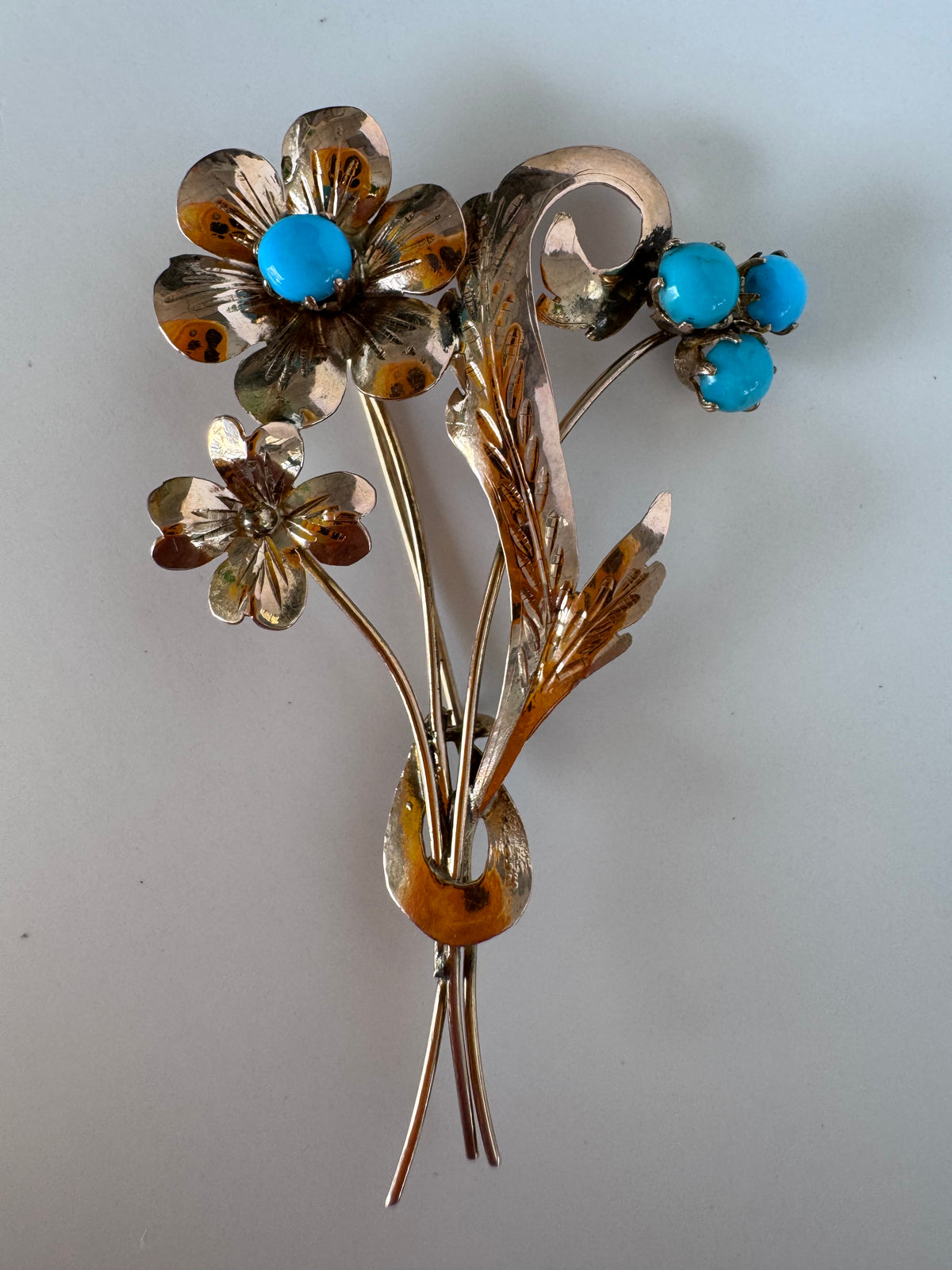 
1940s estate rose gold floral brooch with turquoise cabochons, vintage dimensional flower pin jewelry