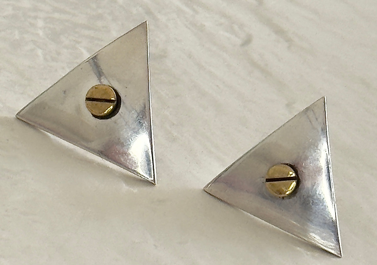 Vintage Taxco Sterling Silver Brass Triangle Screw Earrings Modernist Geometric Hallmarked
