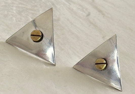 Vintage Taxco Sterling Silver Brass Triangle Screw Earrings Modernist Geometric Hallmarked
