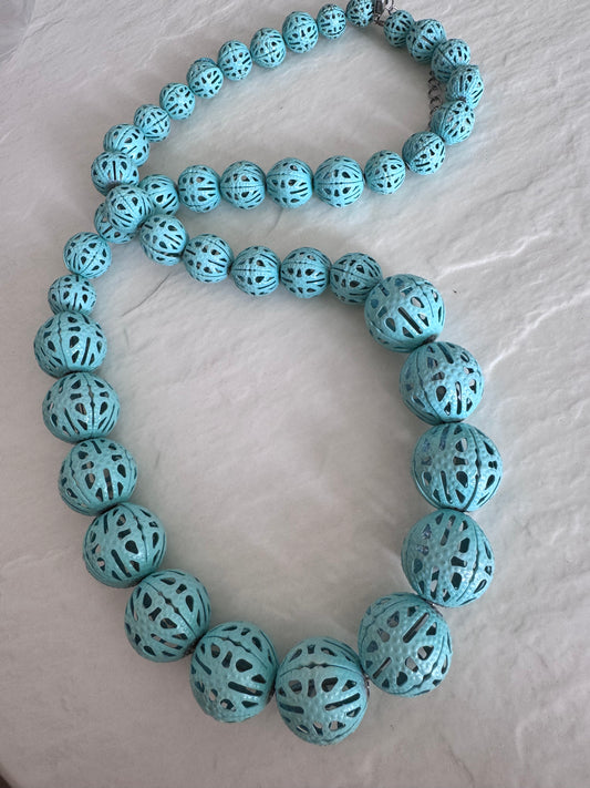 Vintage Turquoise Metal Filigree Bead Necklace Graduated