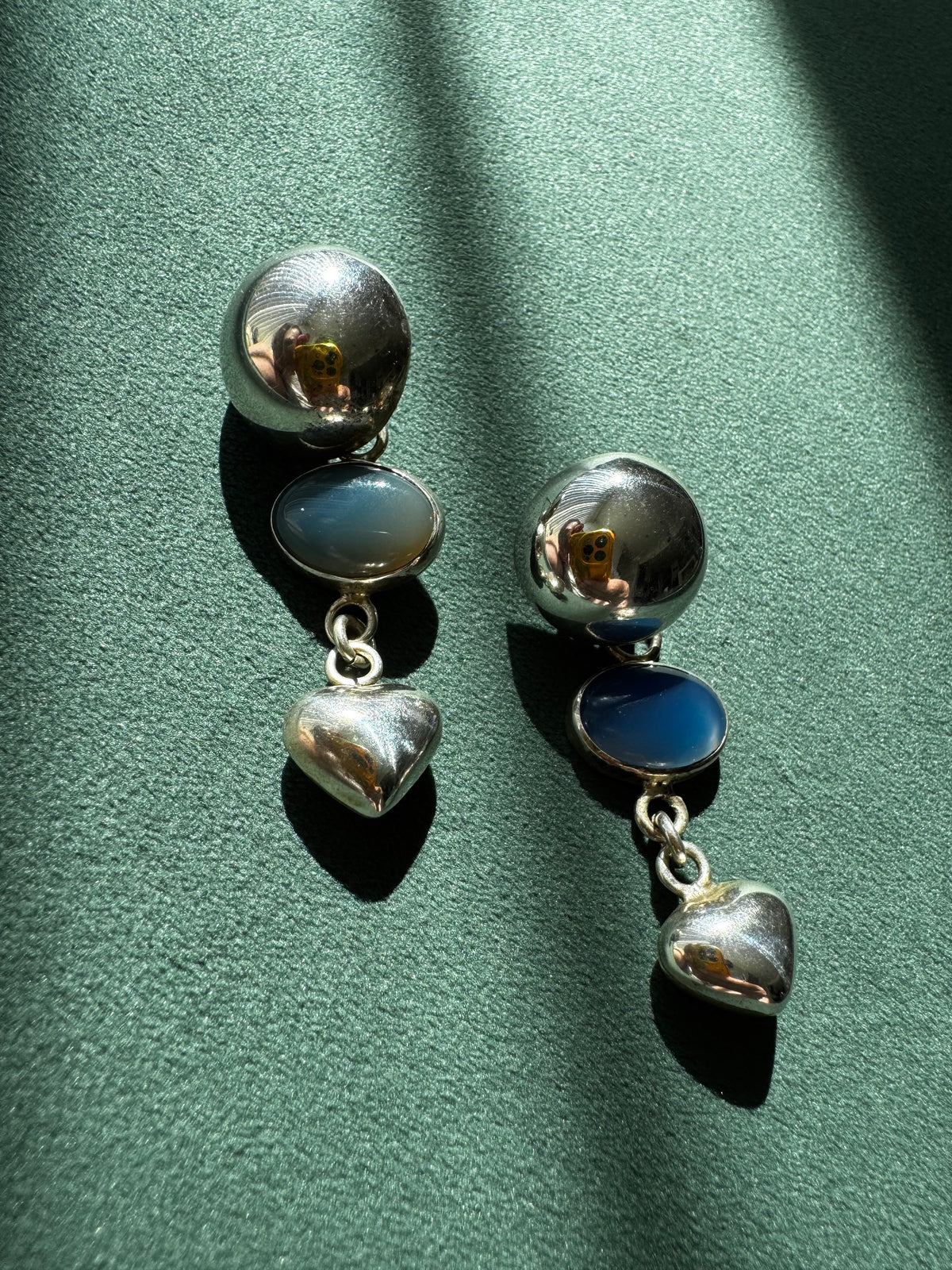 Vintage Taxco Mexico Sterling Silver Dome Chalcedony Heart Drop Earrings Y2K Romantic Three Element Dangle