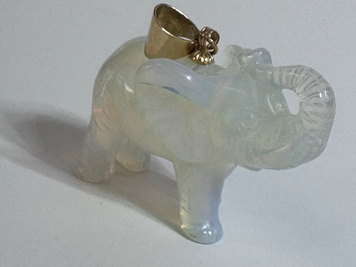 Large Hand Carved Opal Elephant Pendant 14K Gold Good Luck Charm