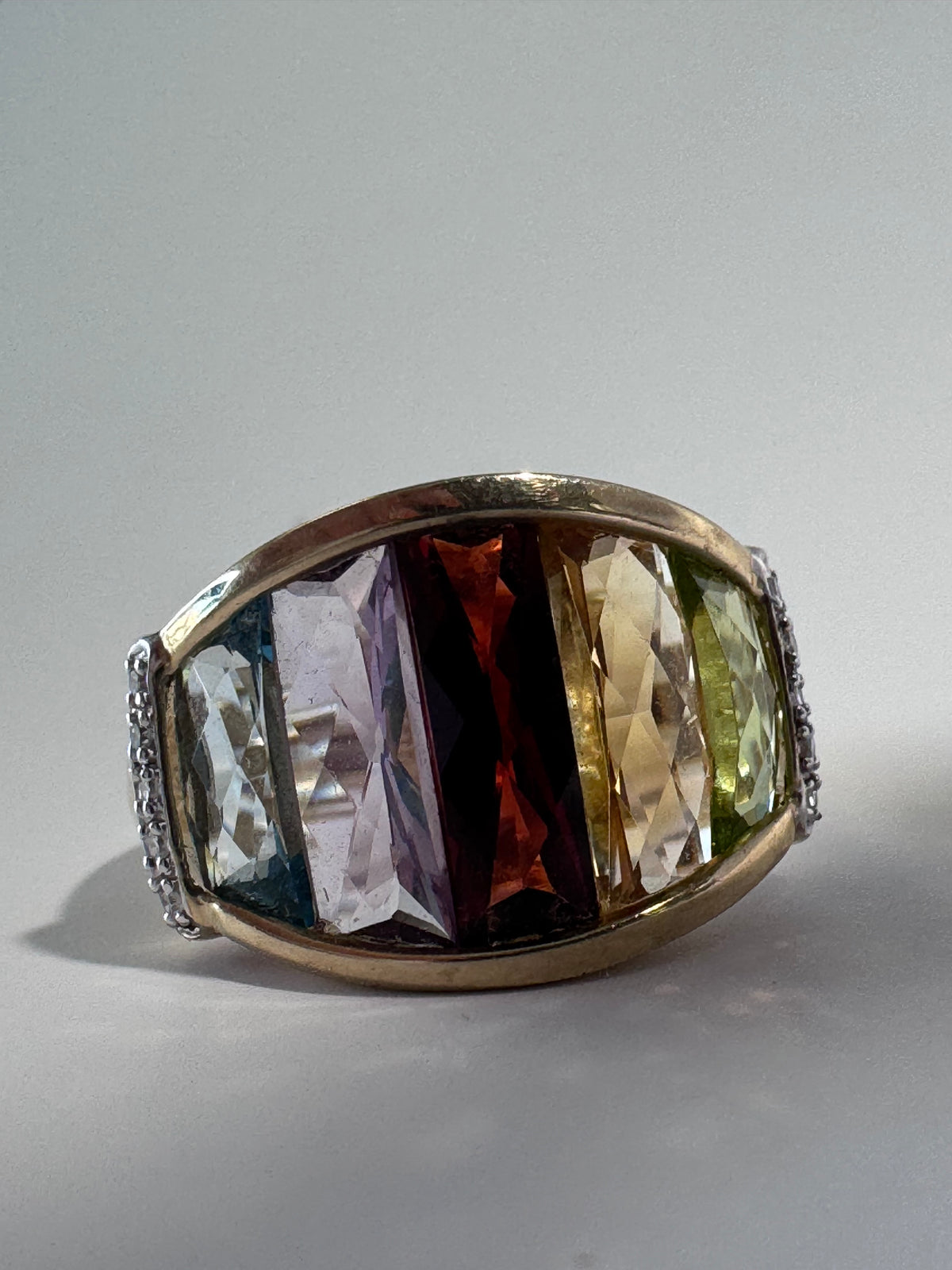 10K Gold Rainbow Multicolor Gemstone Shield Ring