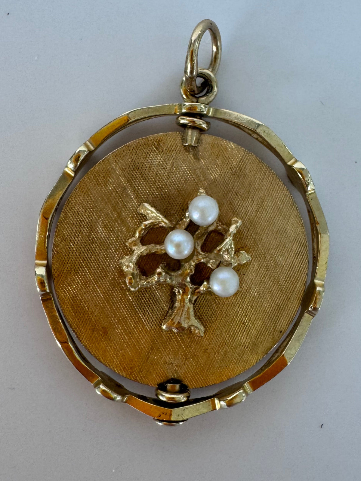 14K gold mechanical rotating Tree of Life anniversary pendant with pearls, flips to reveal Happy Anniversary message, vintage dual-sided jewelry