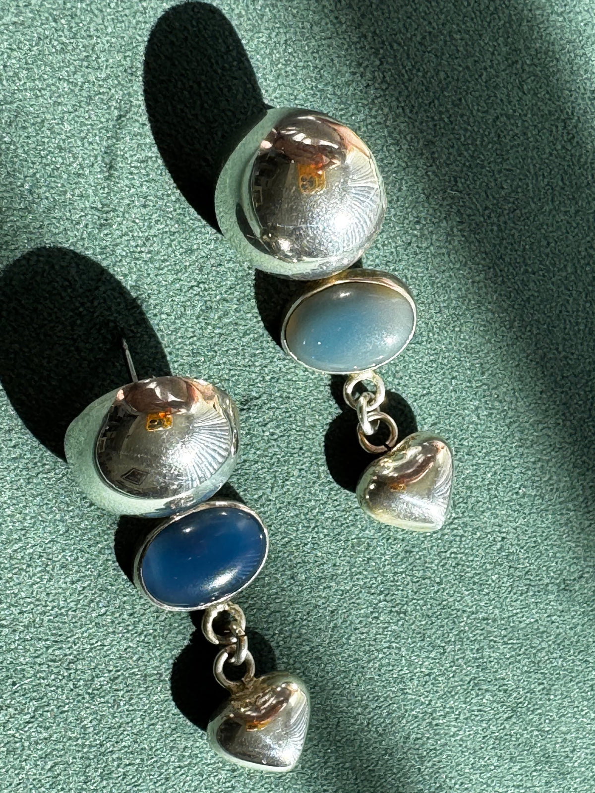 Vintage Taxco Mexico Sterling Silver Dome Chalcedony Heart Drop Earrings Y2K Romantic Three Element Dangle