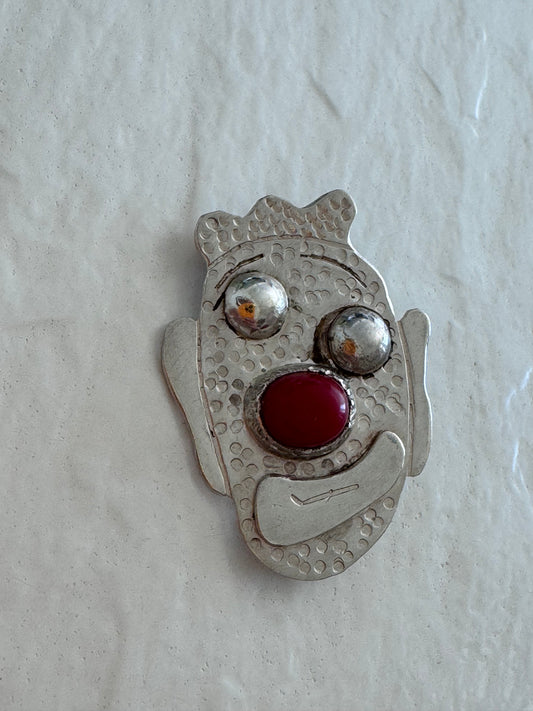 Vintage Sterling Silver Clown Face Brooch Red Cabochon Nose Whimsical Artisan Jewelry