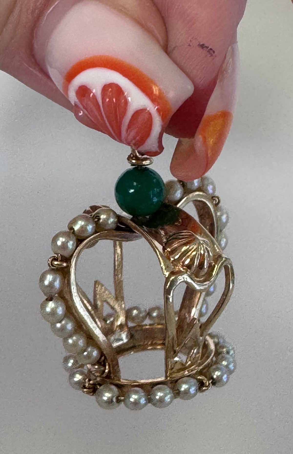 Mid-Century Vintage 14K Gold Crown Pendant Natural Jade Pearl Accents Royal Design