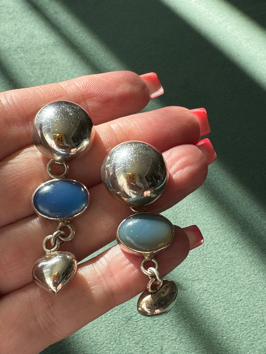 Vintage Taxco Mexico Sterling Silver Dome Chalcedony Heart Drop Earrings Y2K Romantic Three Element Dangle