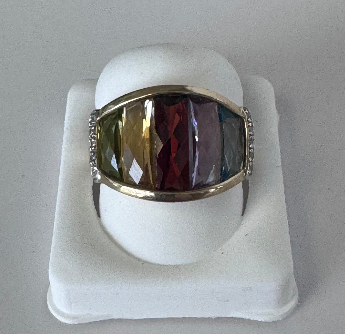 10K Gold Rainbow Multicolor Gemstone Shield Ring