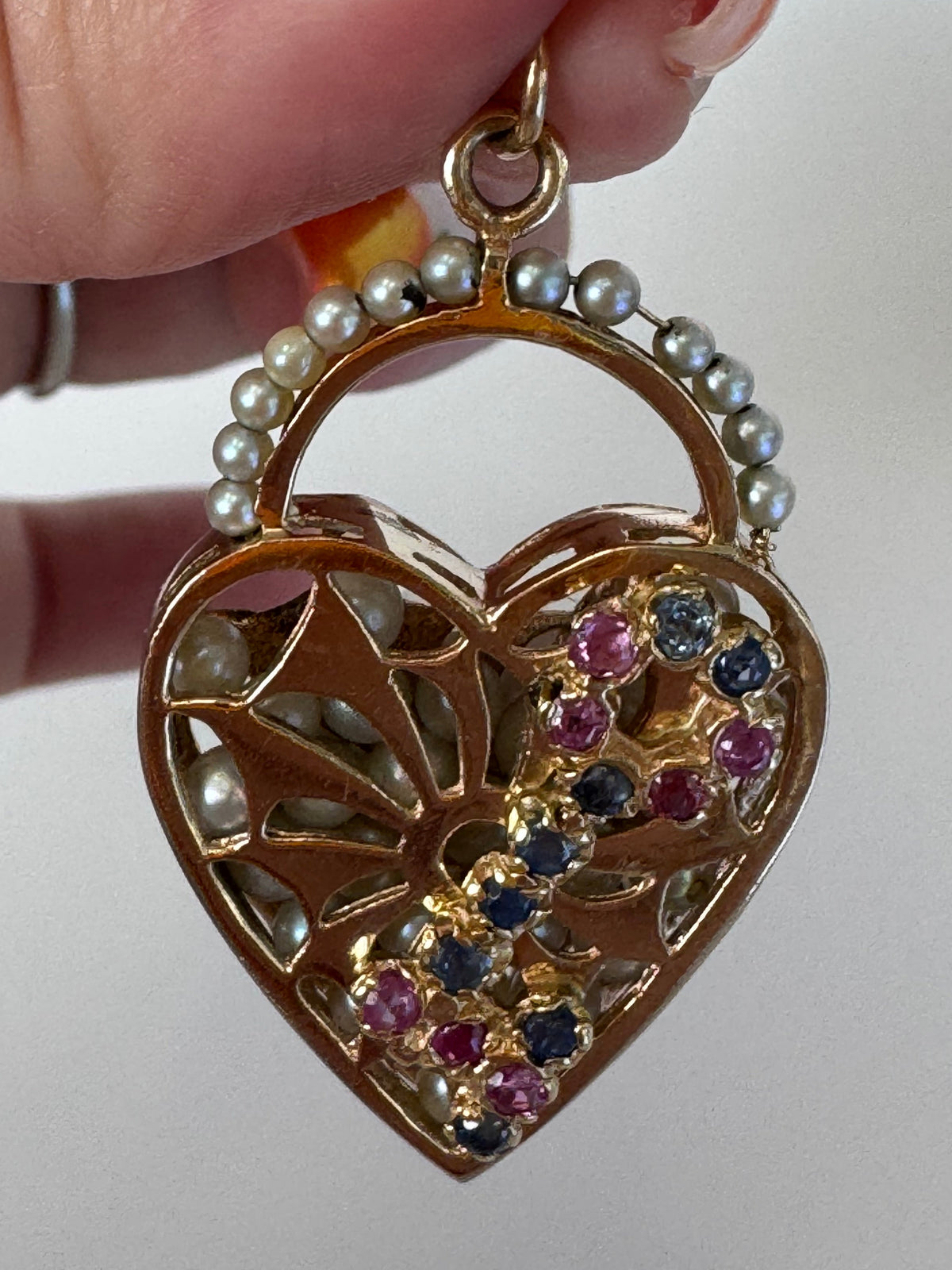 Mid century 14K gold key to my heart charm with rubies sapphires and rattling pearls inside heart lock, vintage charm bracelet piece