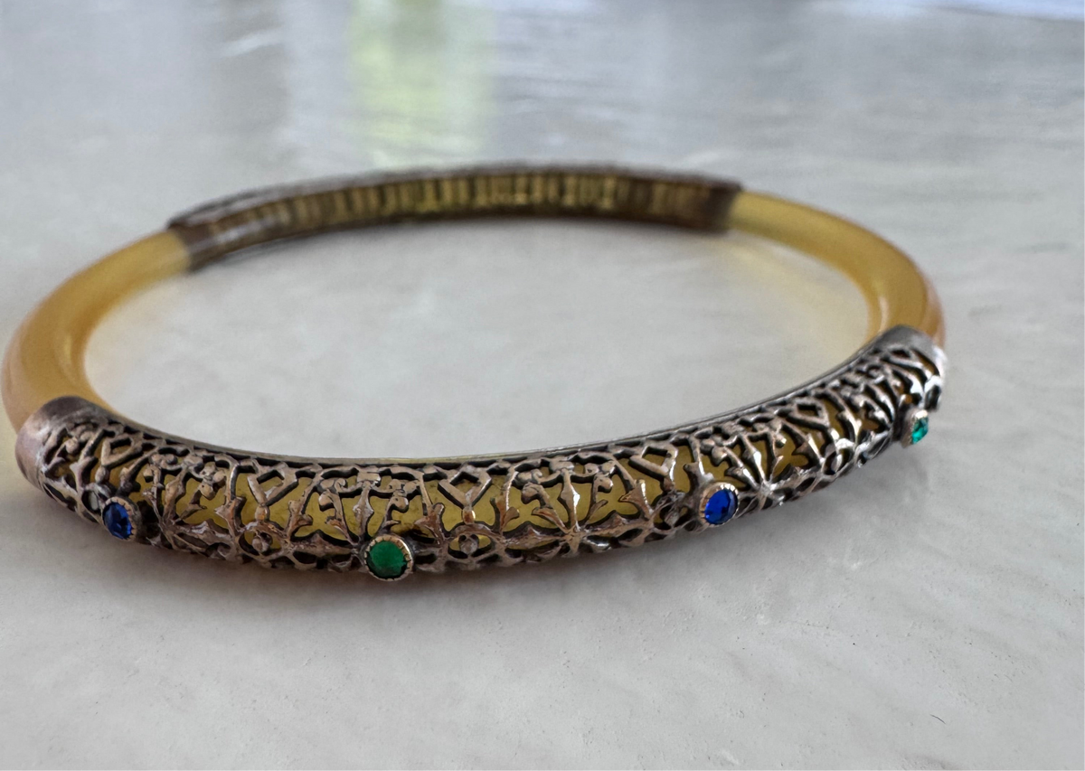 Vintage Apple Juice Bakelite Bangle Sterling Silver Filigree Bracelet