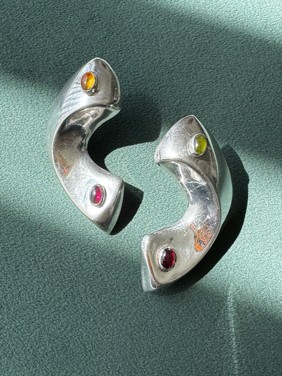Vintage Y2K 1990’s Silver Sculptural Crescent Earrings Garnet Citrine Peridot Modernist Statement