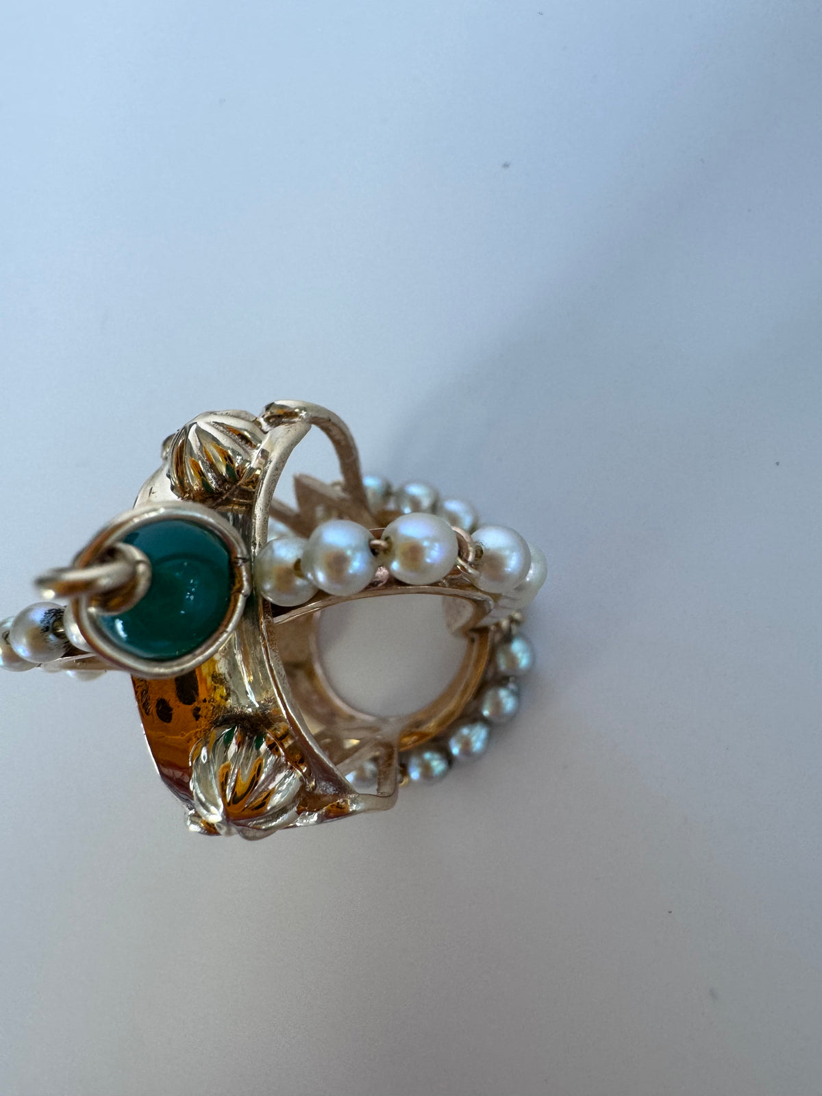 Mid-Century Vintage 14K Gold Crown Pendant Natural Jade Pearl Accents Royal Design