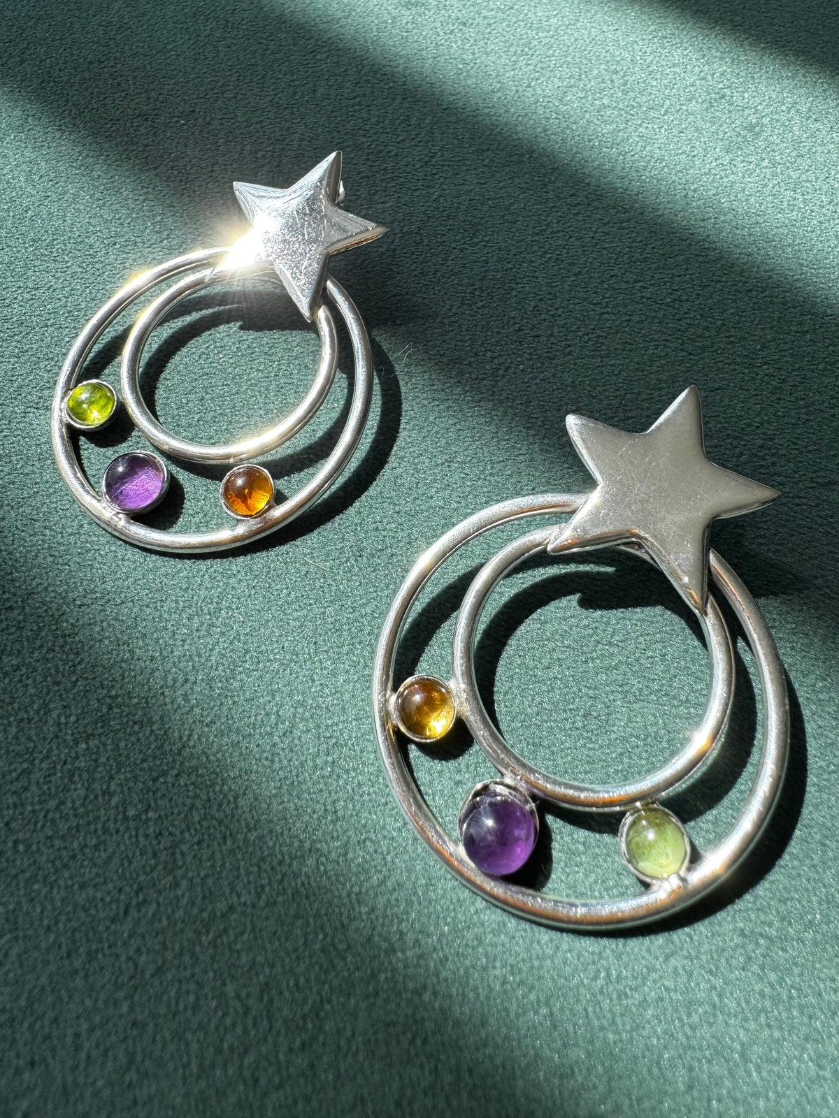 Sterling Silver Shooting Star Earrings Multi Gemstone Modernist 1990s Celestial Statement Dangles Y2K Style