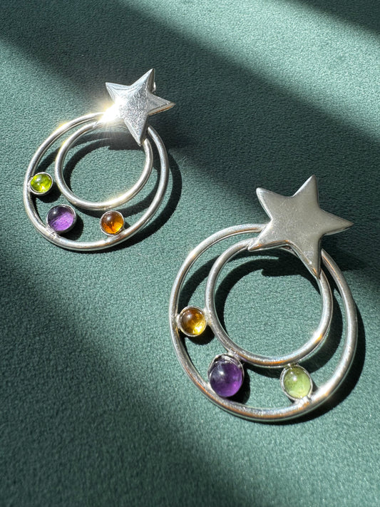 Sterling Silver Shooting Star Earrings Multi Gemstone Modernist 1990s Celestial Statement Dangles Y2K Style