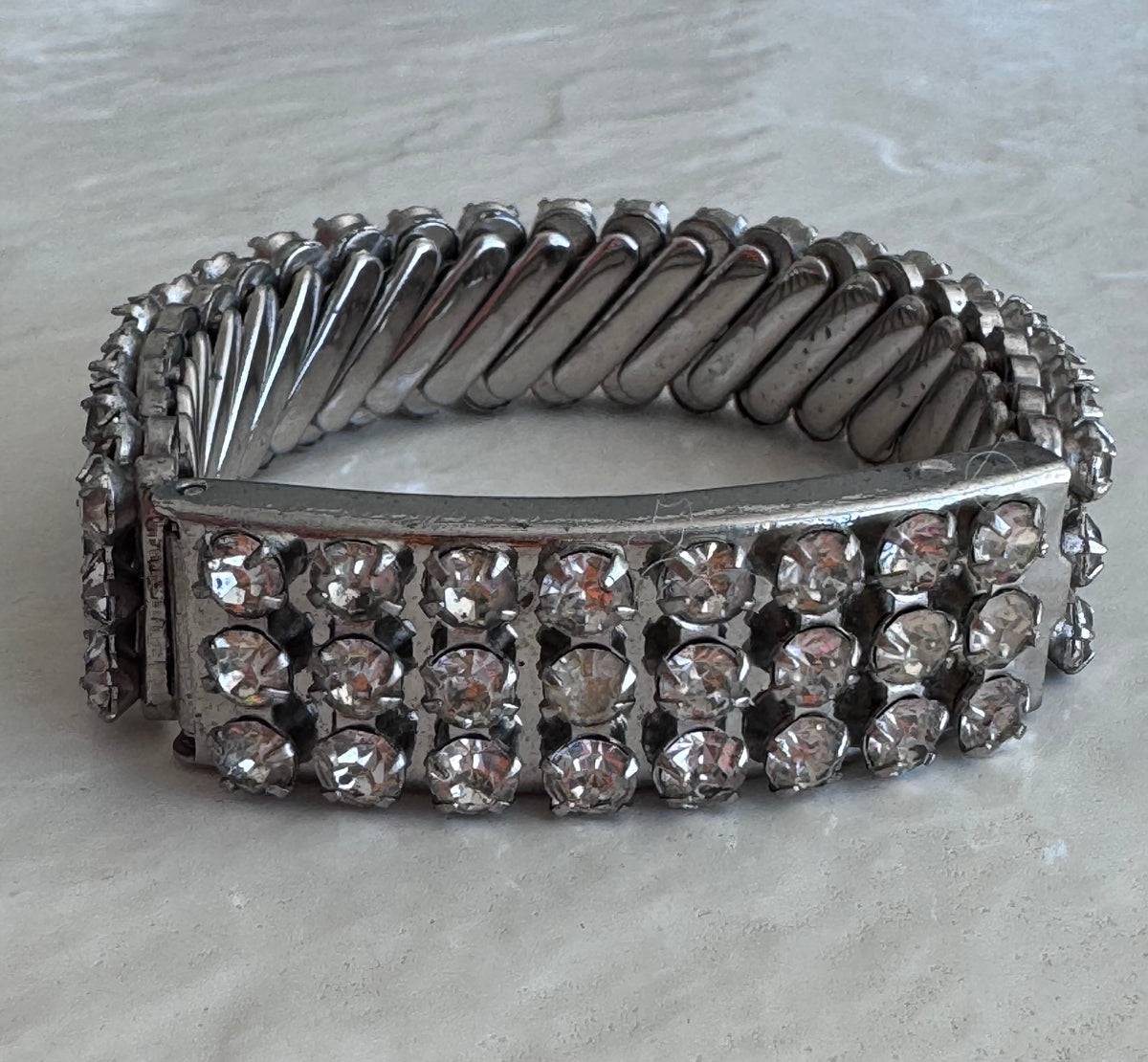 Glamorous Mid-Century Korean War Rhinestone Photo Locket Sweetheart Bracelet