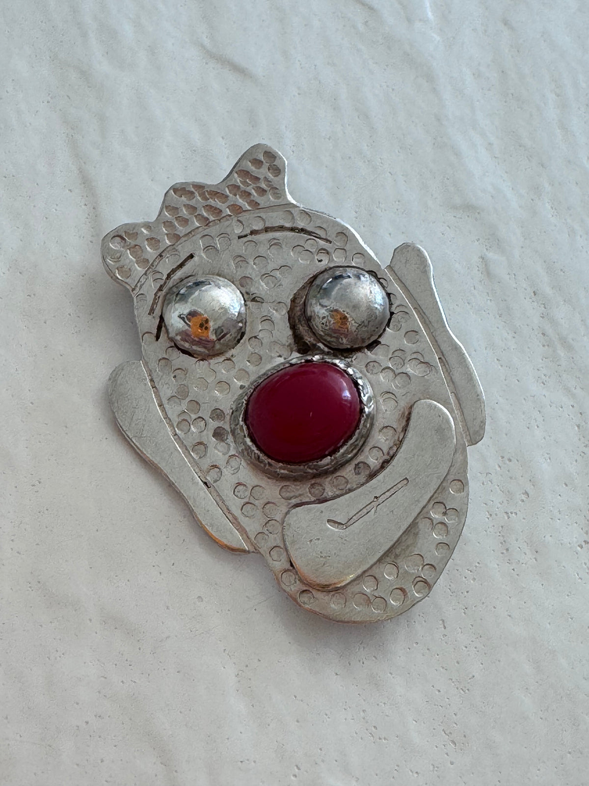 Vintage Sterling Silver Clown Face Brooch Red Cabochon Nose Whimsical Artisan Jewelry