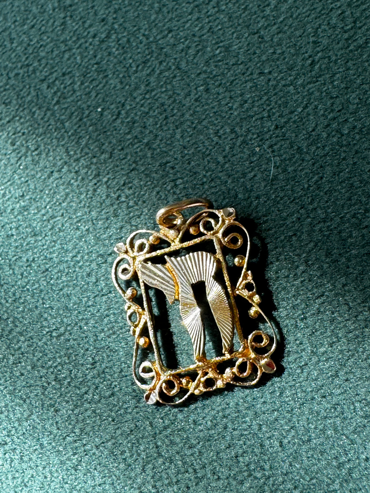 14K Yellow Gold Filigree Chai Pendant Scrollwork Frame Hebrew Life Symbol Judaica Fine Jewelry