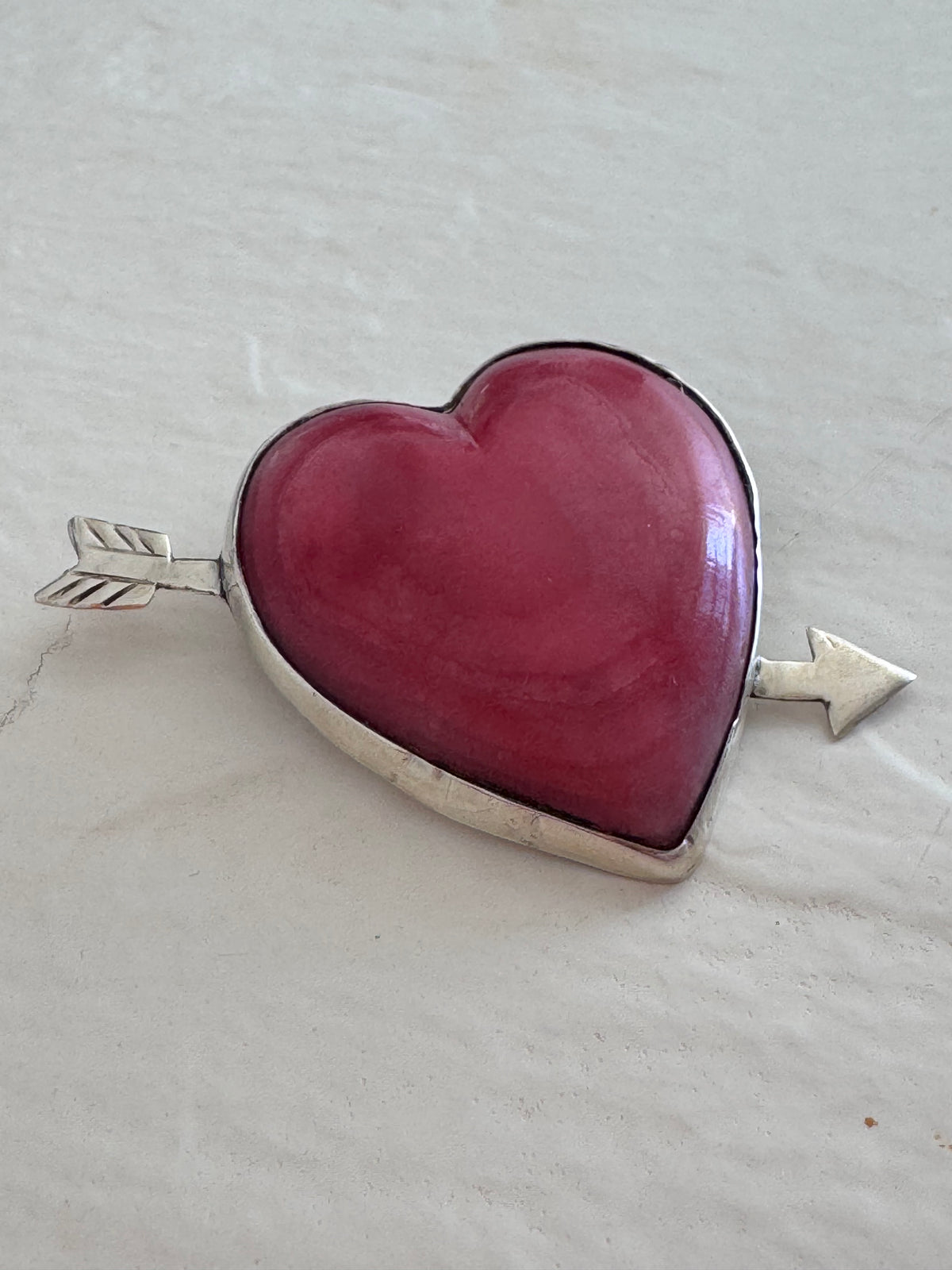 Vintage Mexican Sterling Silver Rhodochrosite Heart Arrow Brooch Pin Pink Stone Valentine Love