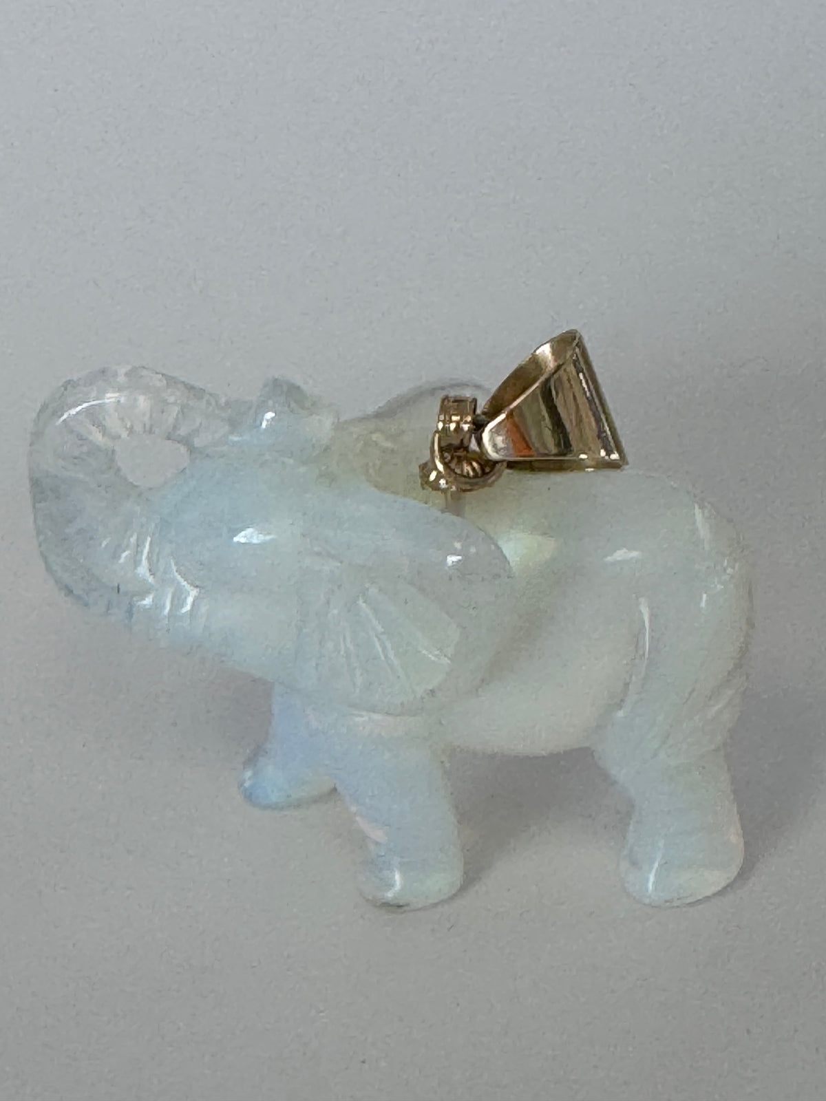 Large Hand Carved Opal Elephant Pendant 14K Gold Good Luck Charm