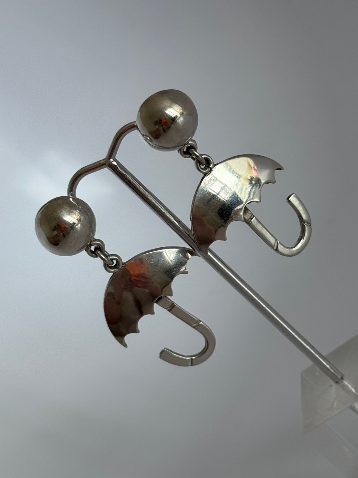 Estate Taxco Mexican sterling silver umbrella dangle earrings with scalloped edges, artist signed with T hallmark and 925 Mexico stamps
