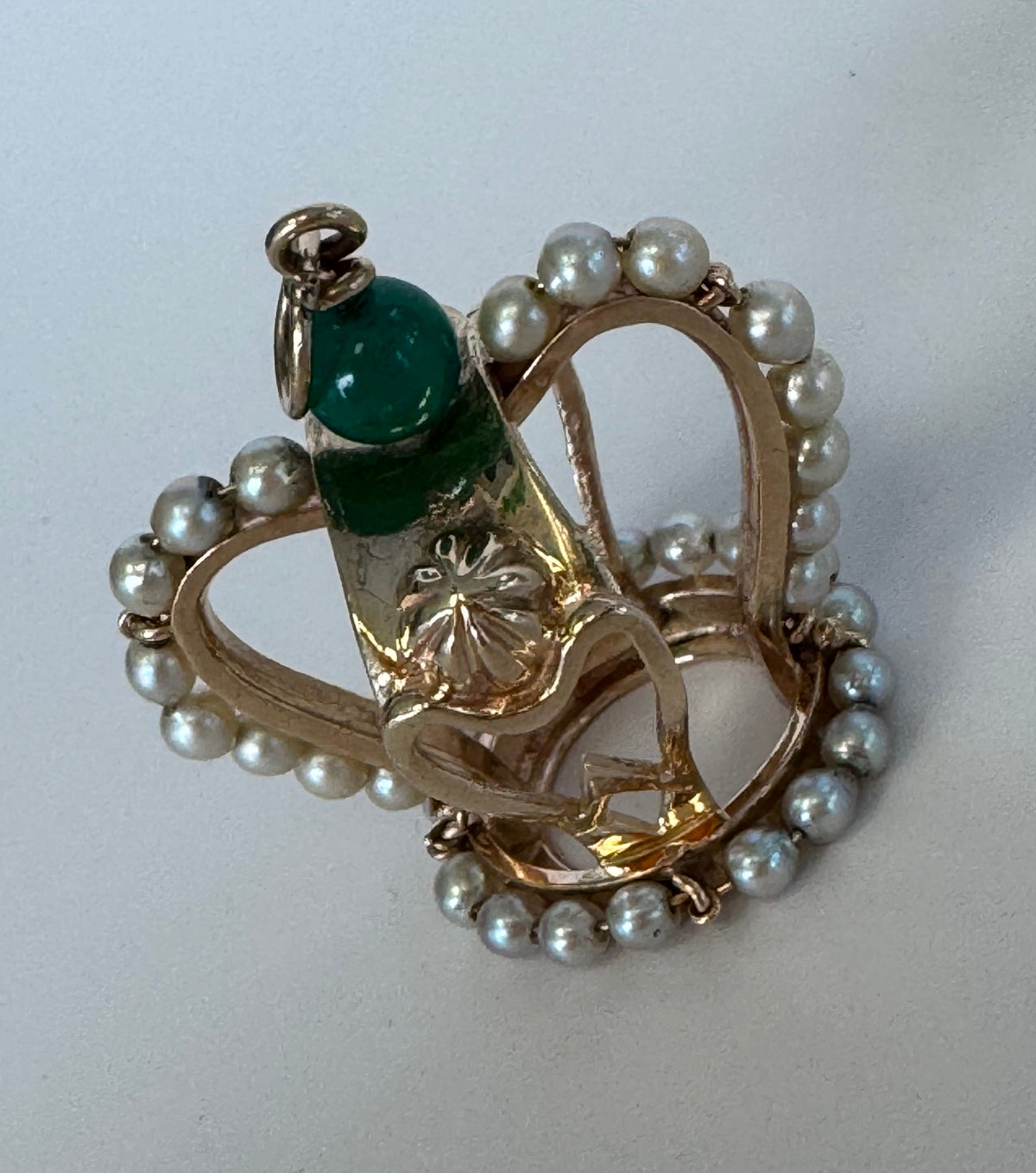 Mid-Century Vintage 14K Gold Crown Pendant Natural Jade Pearl Accents Royal Design
