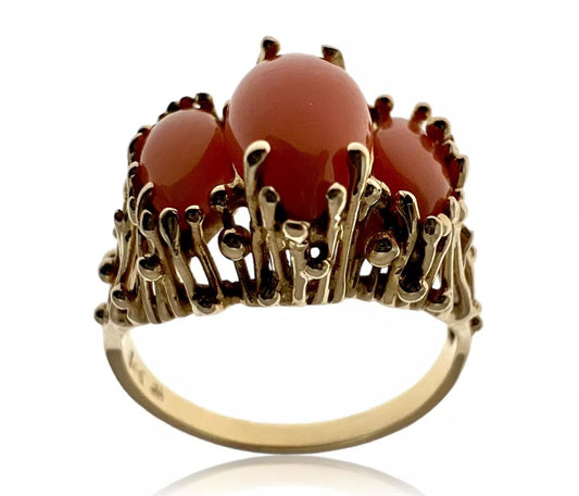 Vintage 14K Gold Brutalist Peach Cabochon Ring Mid-Century Modernist Sculptural