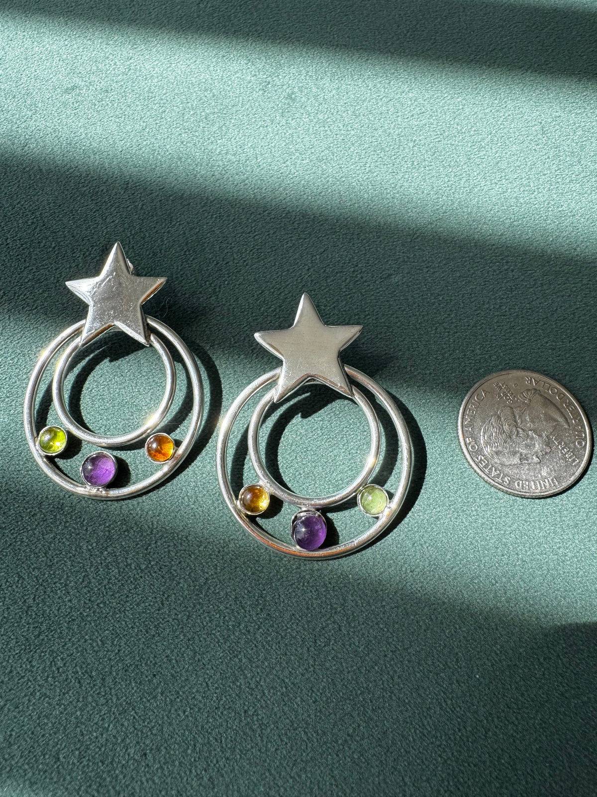 Sterling Silver Shooting Star Earrings Multi Gemstone Modernist 1990s Celestial Statement Dangles Y2K Style