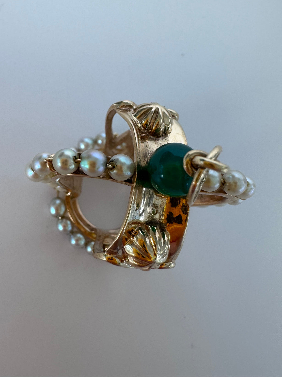 Mid-Century Vintage 14K Gold Crown Pendant Natural Jade Pearl Accents Royal Design