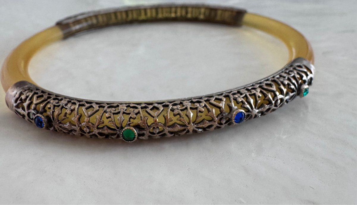 Vintage Apple Juice Bakelite Bangle Sterling Silver Filigree Bracelet