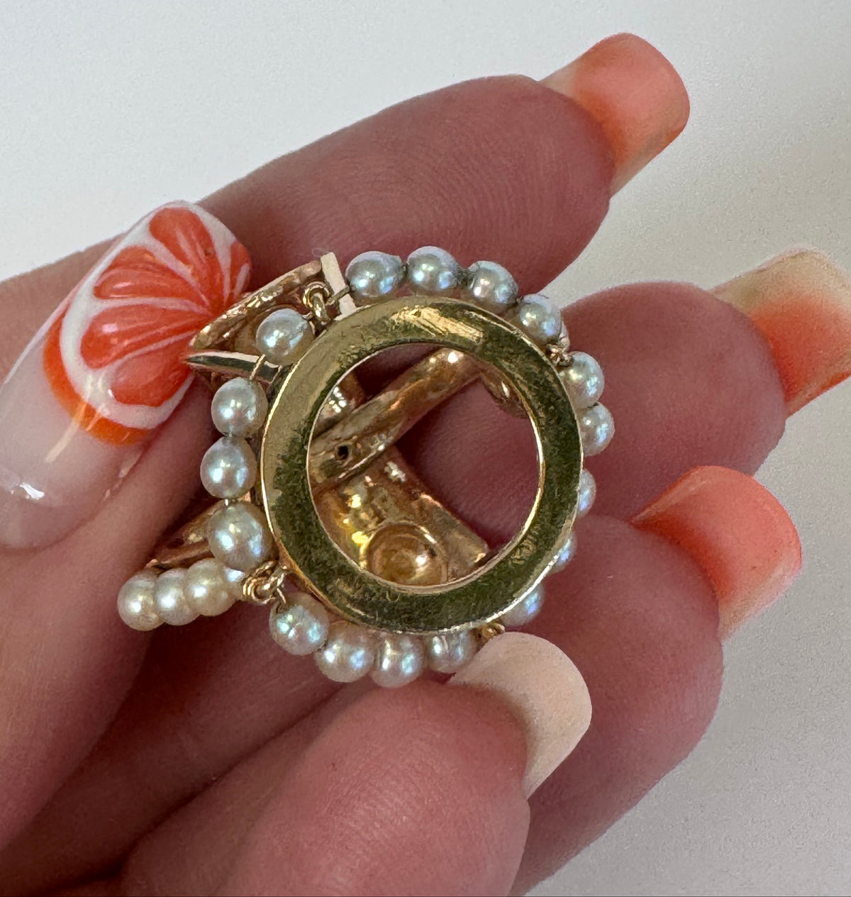 Mid-Century Vintage 14K Gold Crown Pendant Natural Jade Pearl Accents Royal Design