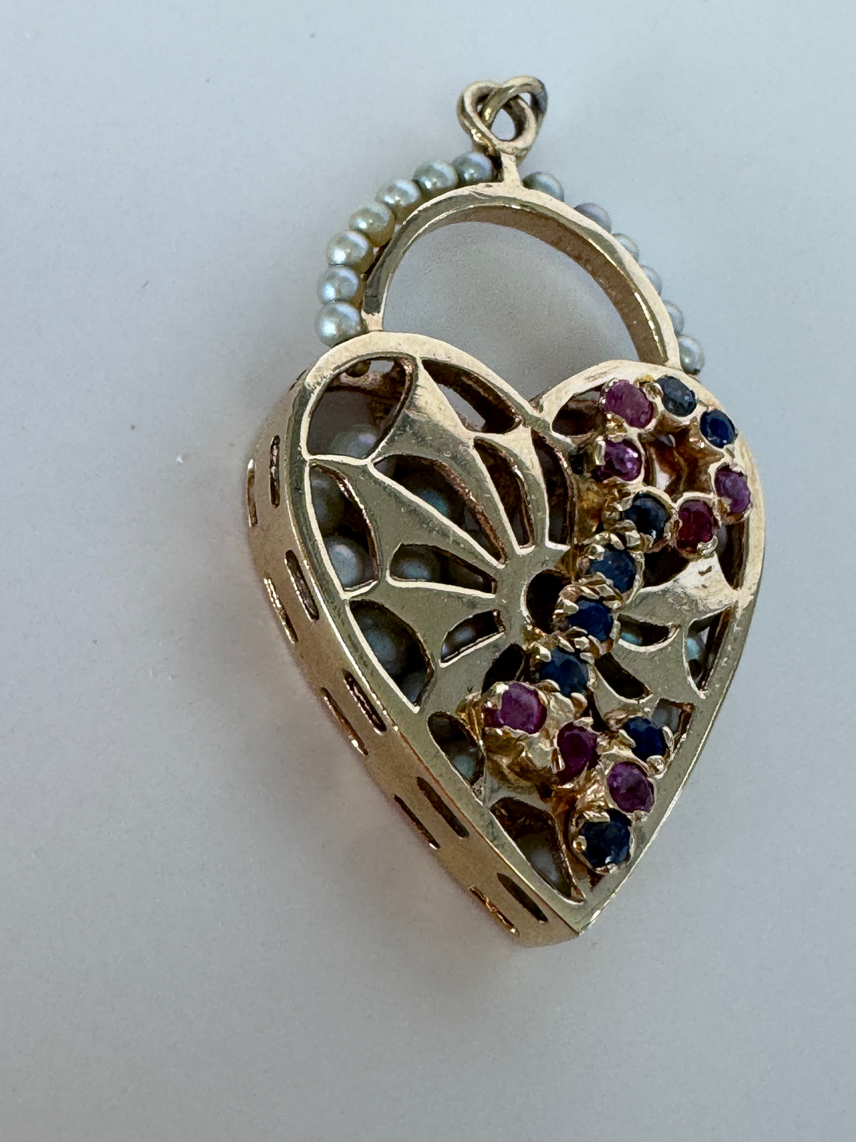 Mid century 14K gold key to my heart charm with rubies sapphires and rattling pearls inside heart lock, vintage charm bracelet piece