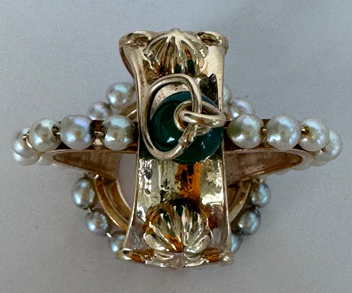 Mid-Century Vintage 14K Gold Crown Pendant Natural Jade Pearl Accents Royal Design