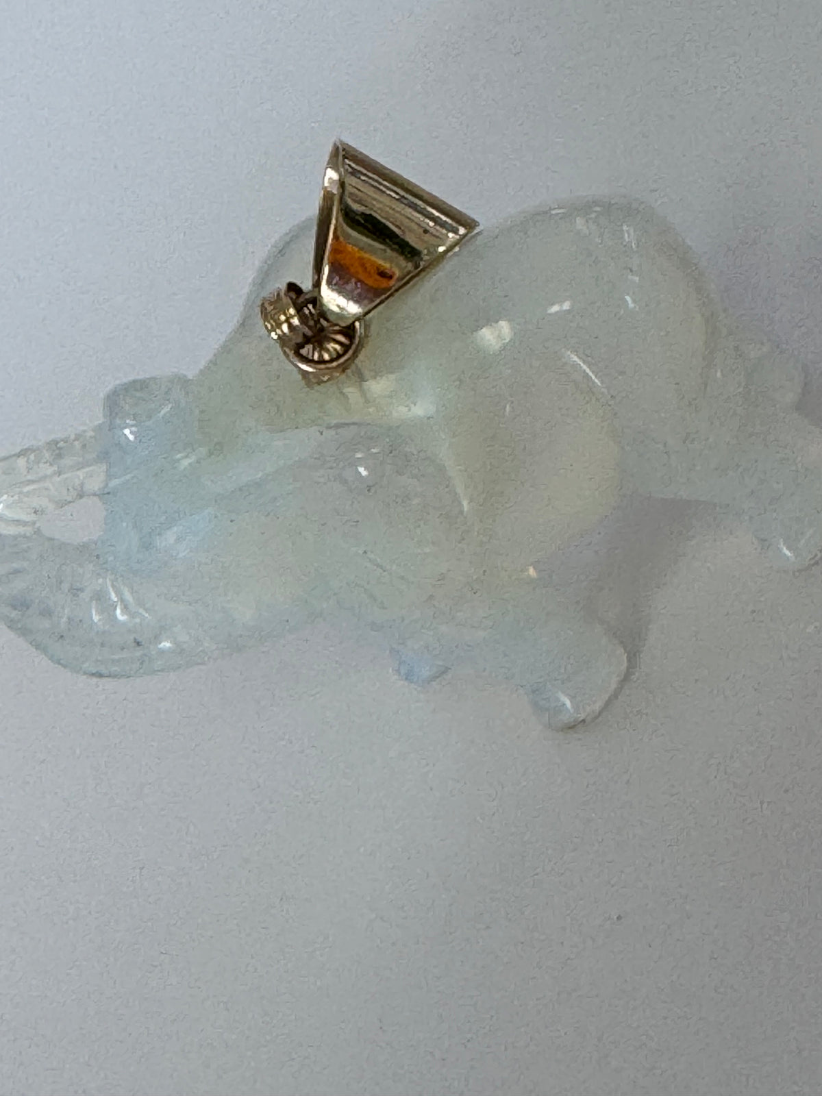 Large Hand Carved Opal Elephant Pendant 14K Gold Good Luck Charm