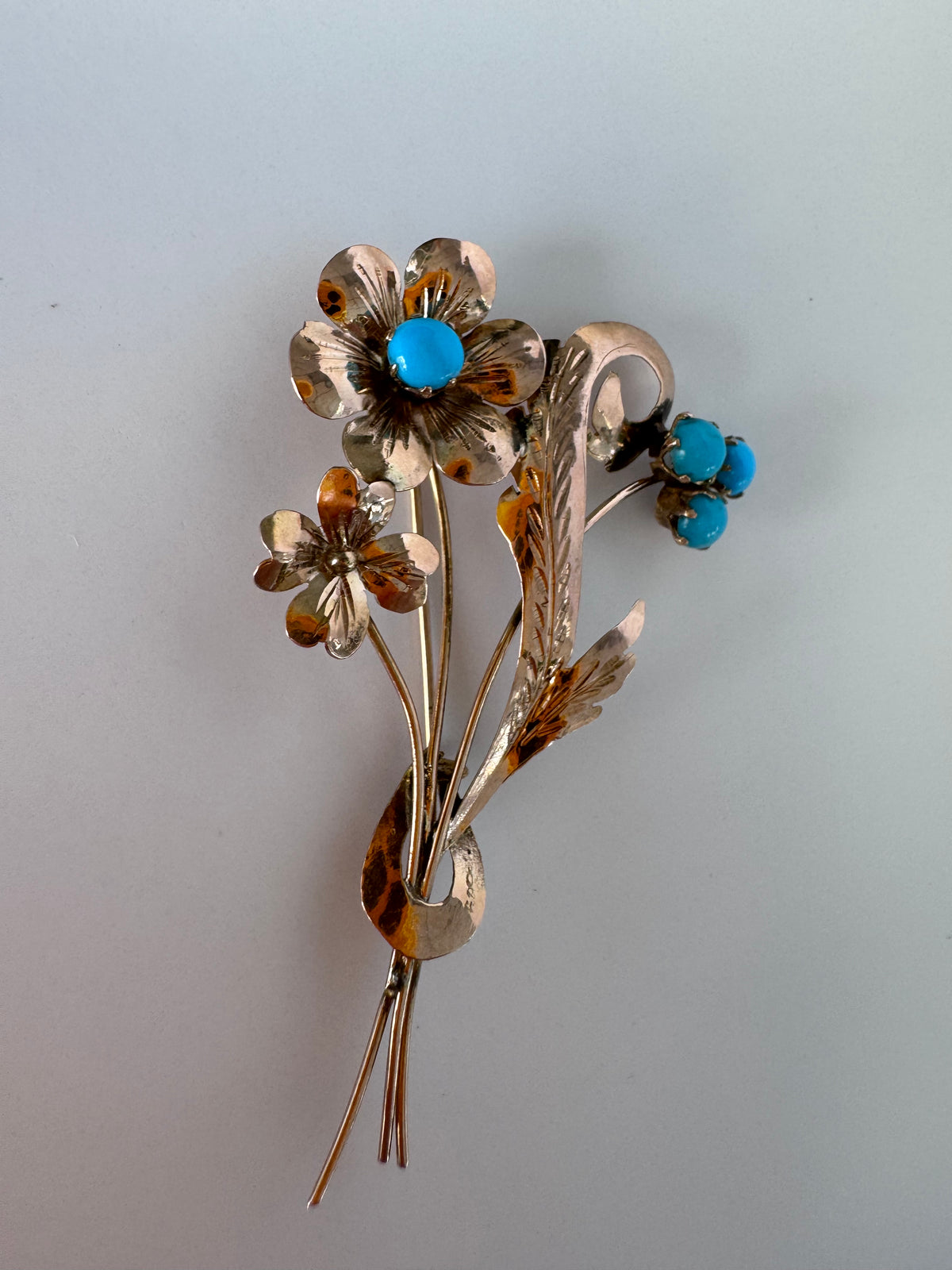 
1940s estate rose gold floral brooch with turquoise cabochons, vintage dimensional flower pin jewelry